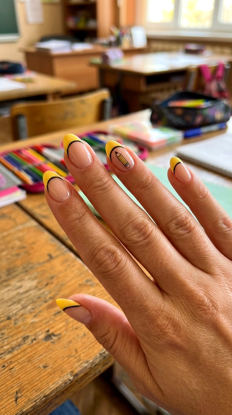 Pencil Yellow French Tips - 25 back to school nail ideas