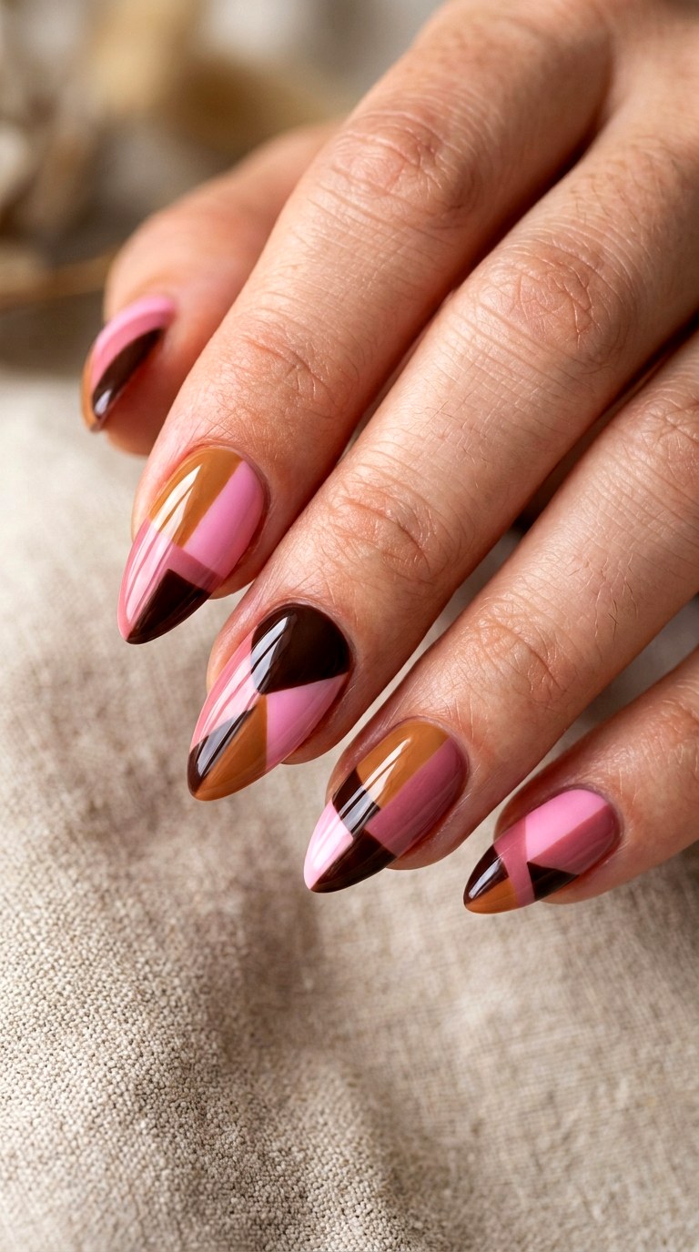 Pink And Brown Abstract Blocks - 22 short stilleto nail with pink and brown nail art inspiration ideas