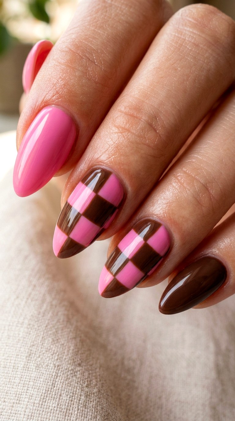 Pink And Brown Checkerboard - 22 short stilleto nail with pink and brown nail art inspiration ideas
