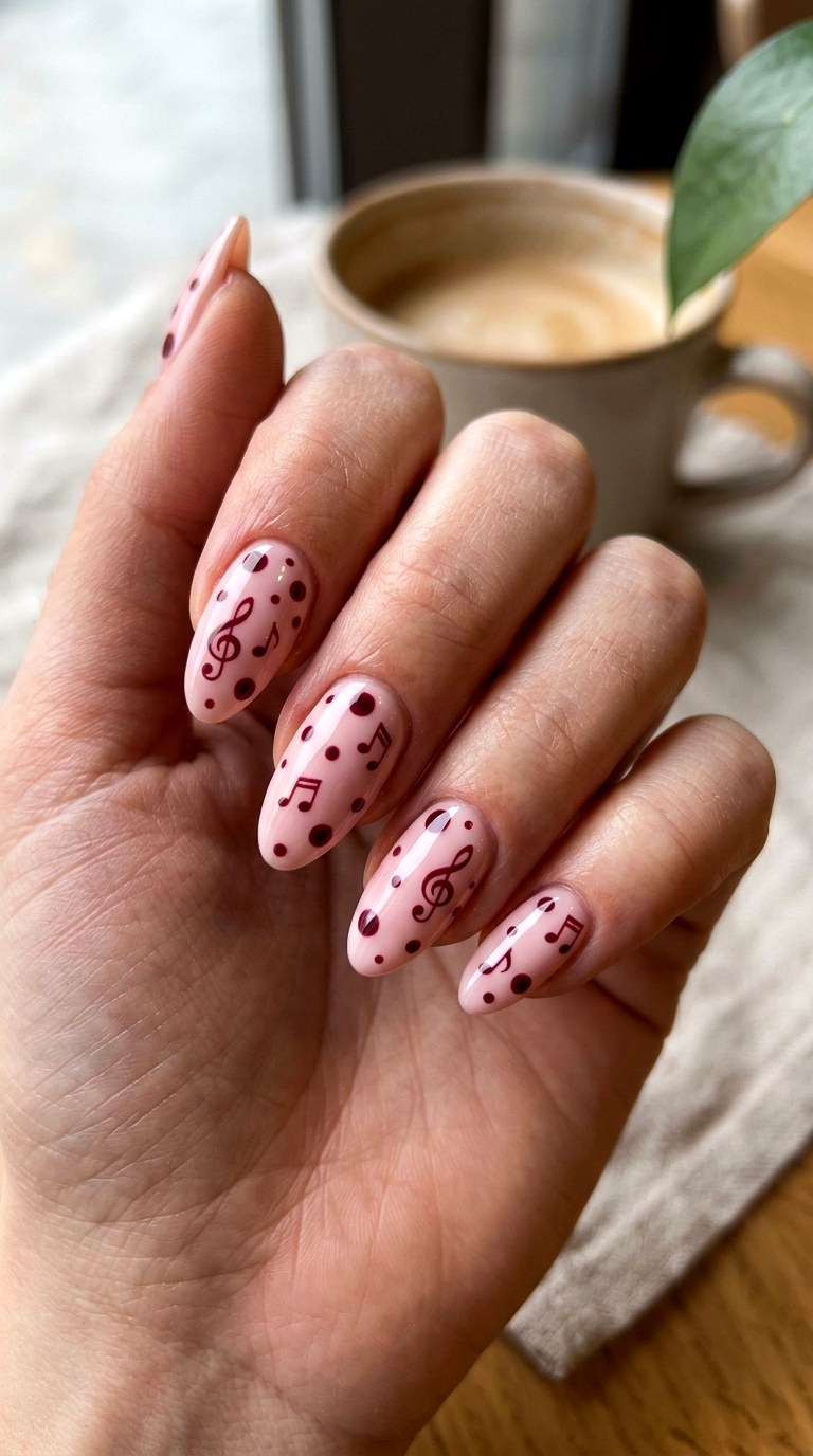 Pink And Burgundy Contrast - 20 polka dots musical notes Nail design ideas