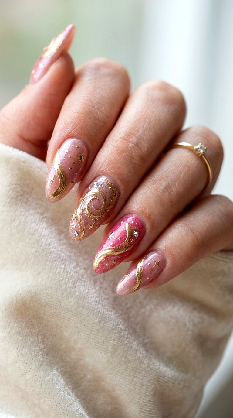 Pink And Gold Cosmic Swirls - 25 magical starry swirl nail ideas