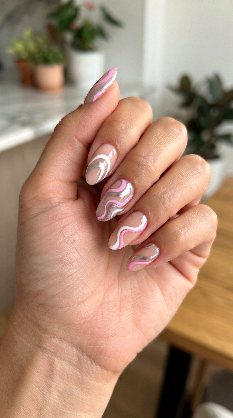 Pink And Silver Swirl Nails - 22 retro Y2K almond nail ideas