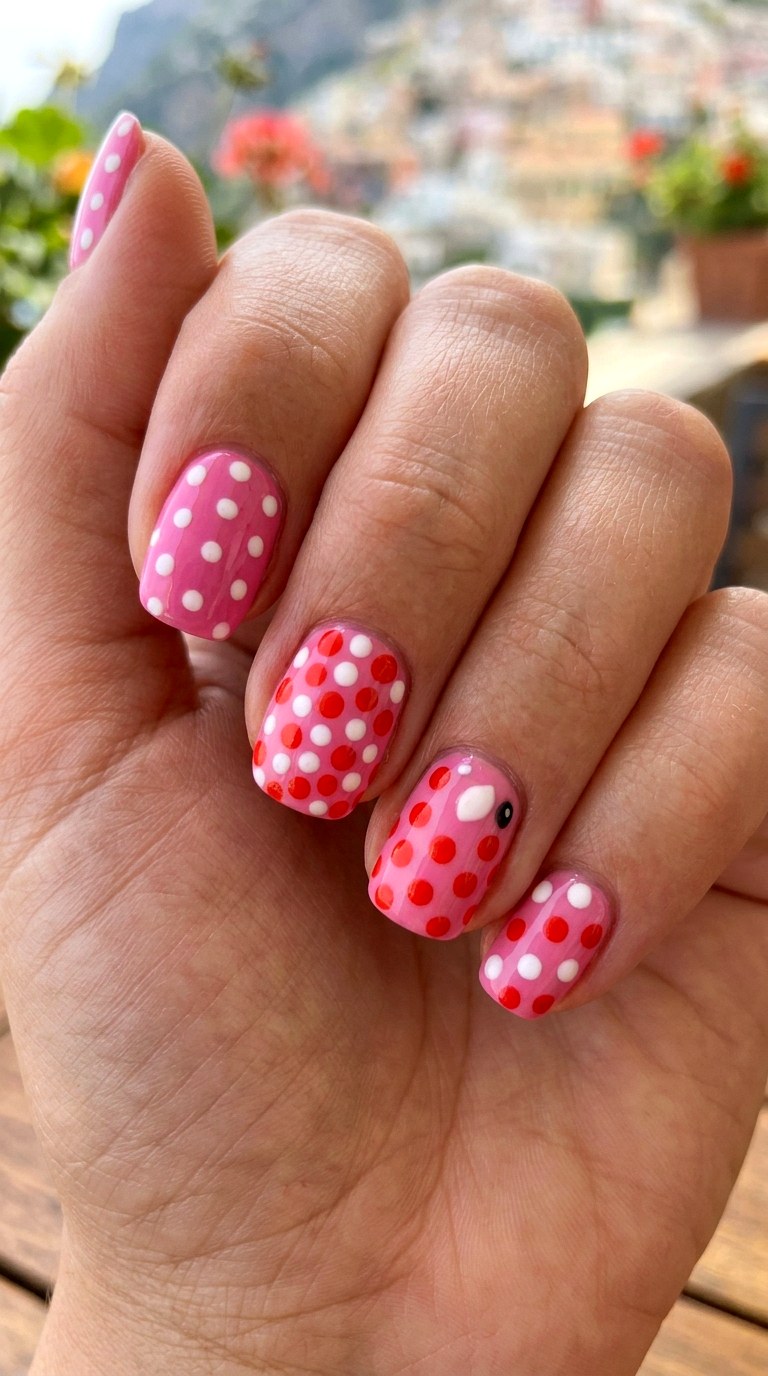 Pink And Tomato Contrast - 21 Italian summer polka dot Nail ideas
