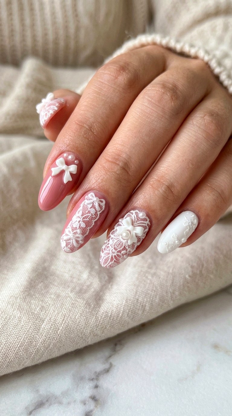 Pink And White Lace Mix - 21 coquelte lace nail ideas