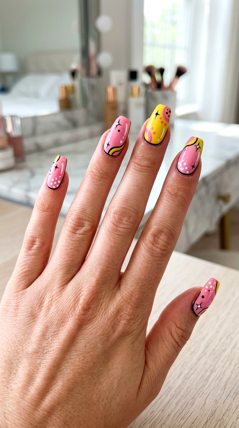 Pink And Yellow Comic Set - 20 Y2K comic nails design ideas