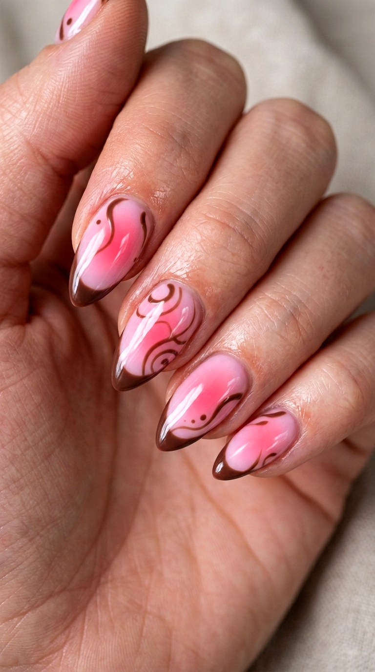 Pink Aura With Brown Accents - 22 short stilleto nail with pink and brown nail art inspiration ideas