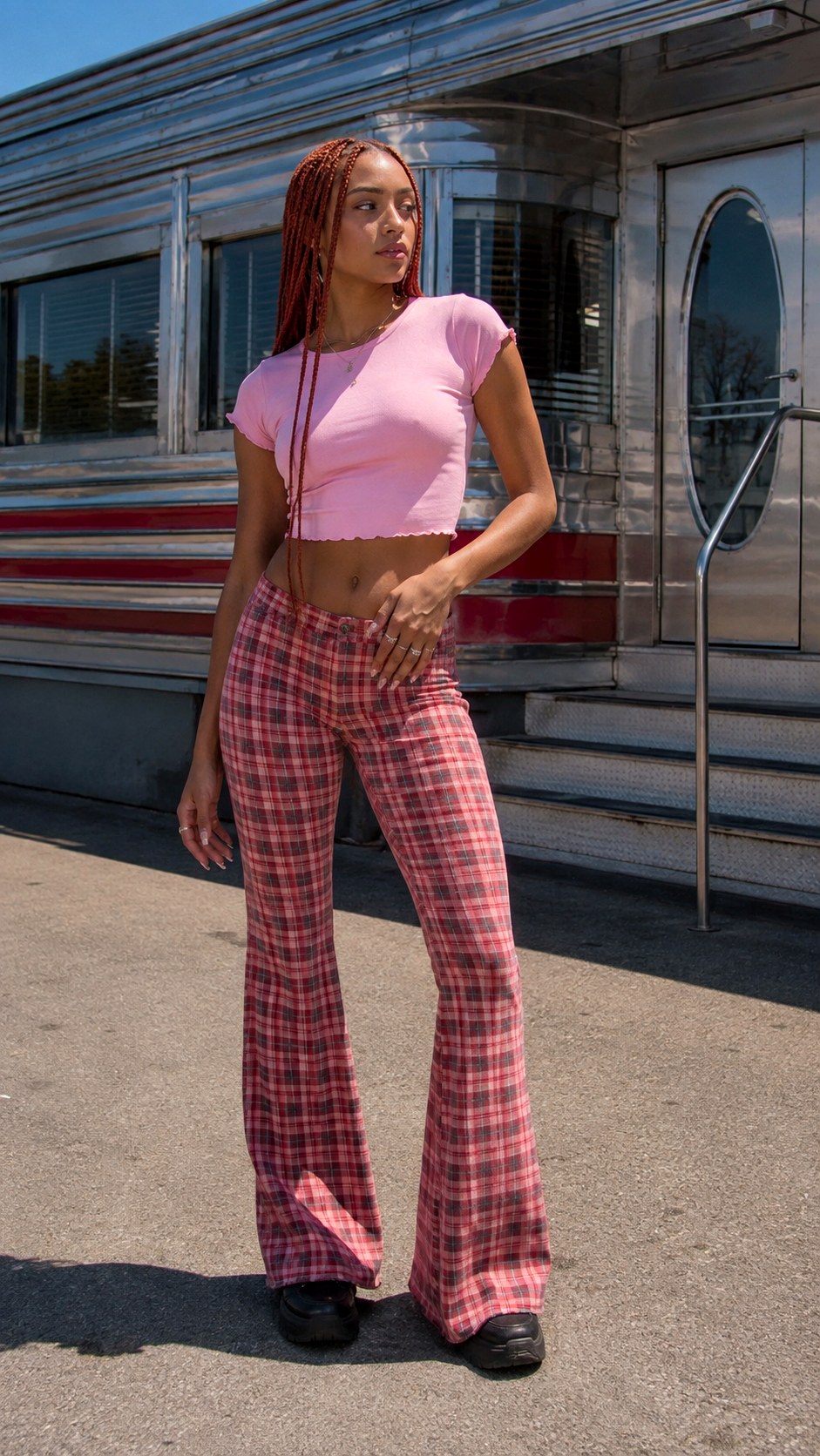 Pink Baby Tee And Plaid Pants - 20 Y2K Alternative Fashion outfit Ideas