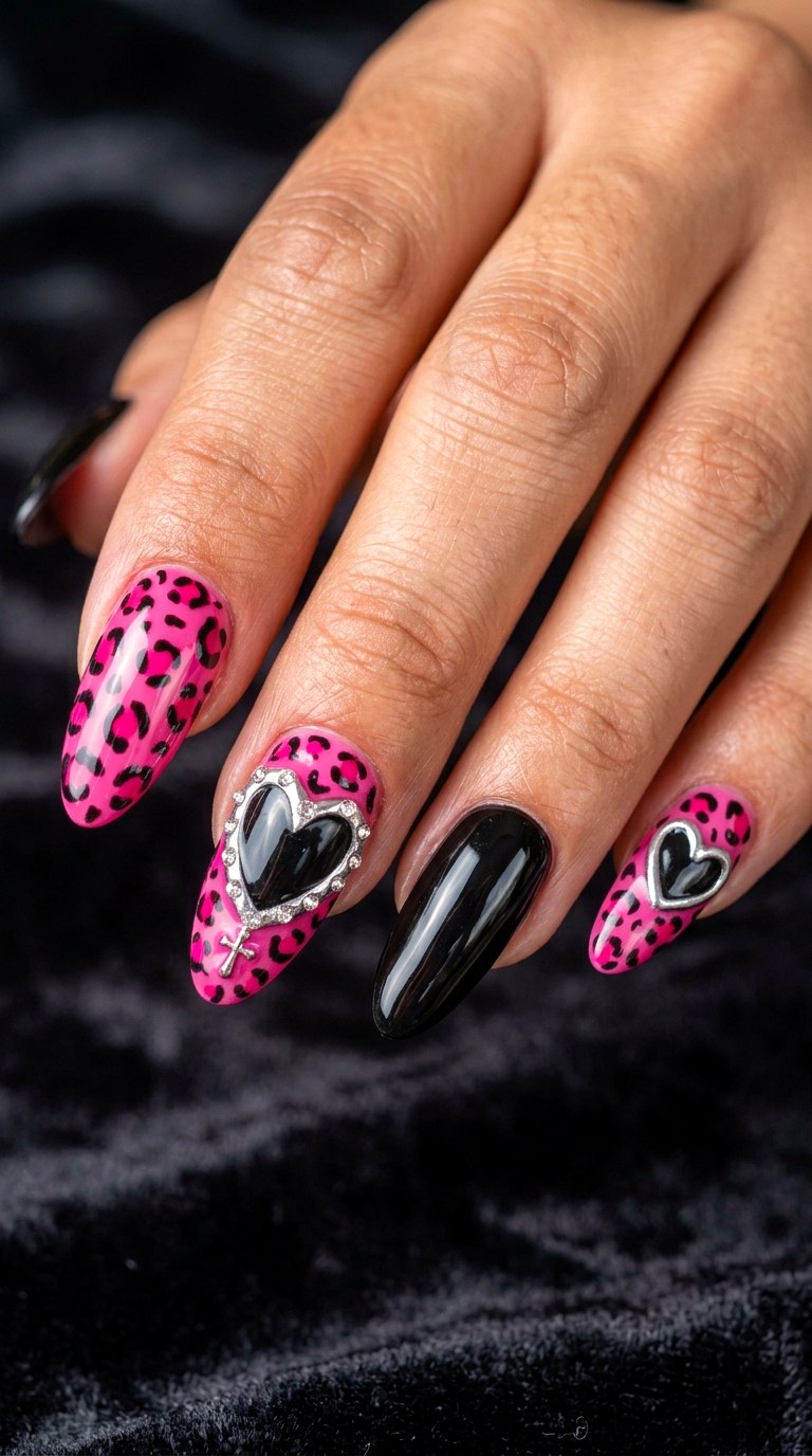Pink Black Leopard Hearts - 20 Mcbling Gothic leopard Y2K nail ideas