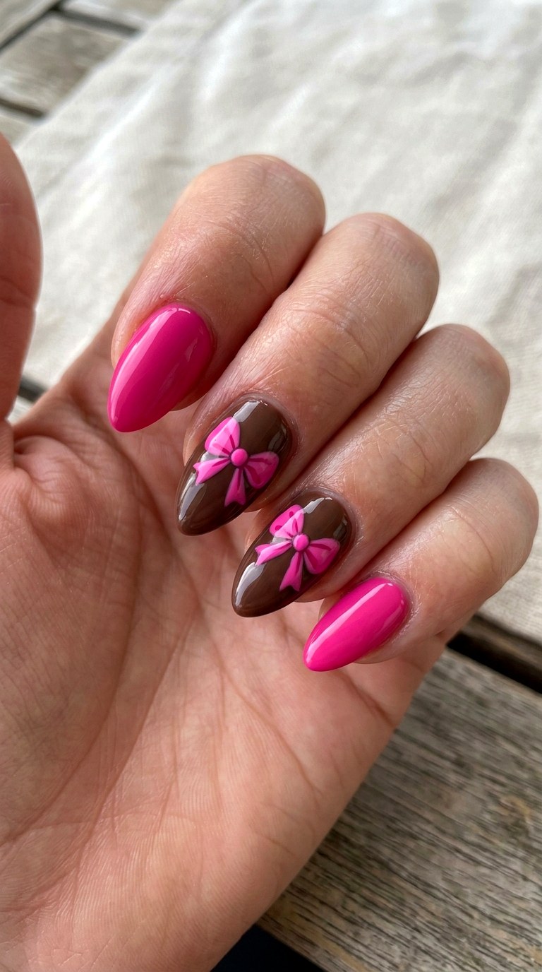Pink Bow And Brown Gloss - 22 short stilleto nail with pink and brown nail art inspiration ideas