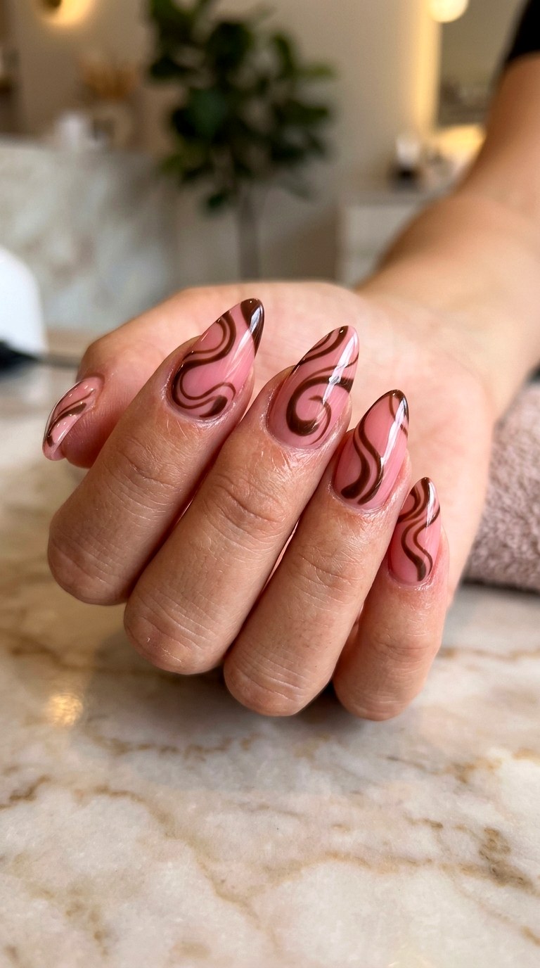 Pink Brown Swirl Stiletto Nails - 22 short stilleto nail with pink and brown nail art inspiration ideas