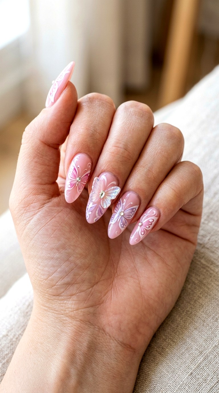 Pink Butterfly Acrylics - 23 girly acrylic nail ideas