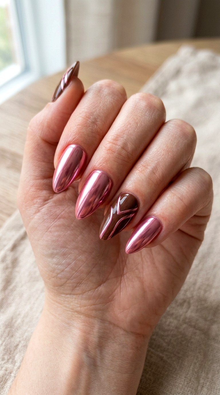 Pink Chrome And Cocoa Details - 22 short stilleto nail with pink and brown nail art inspiration ideas