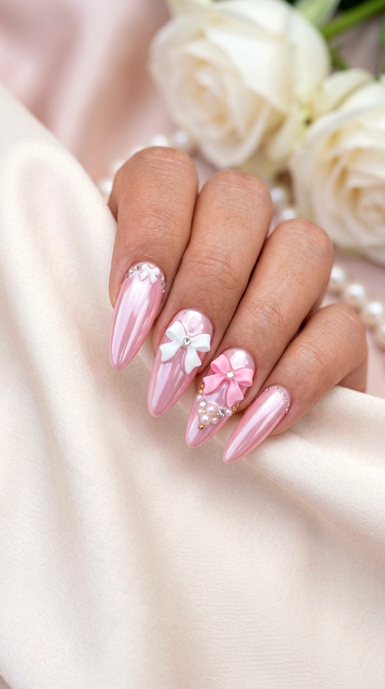Pink Chrome Bow Glam - 23 girly acrylic nail ideas