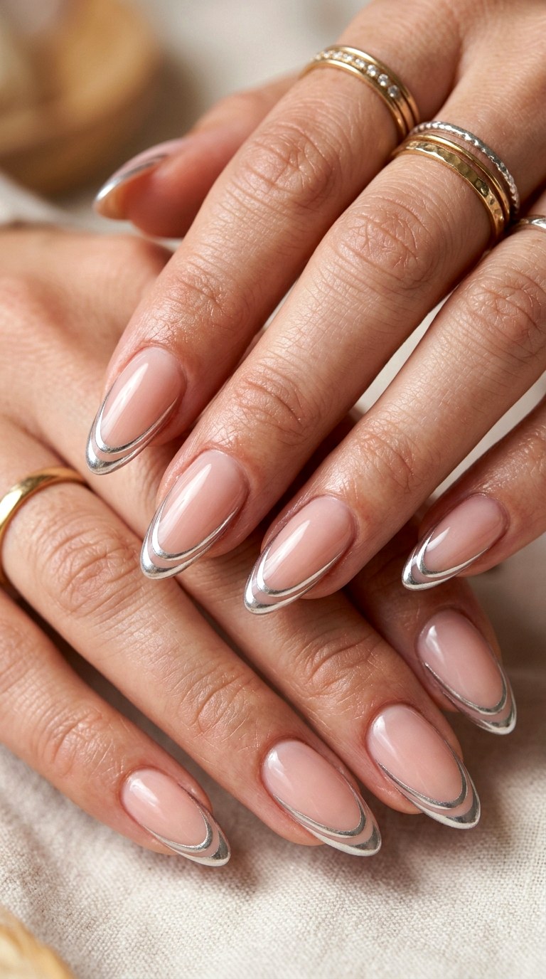 Pink Chrome Double Borders - 20 luxury Chrome outline nail ideas