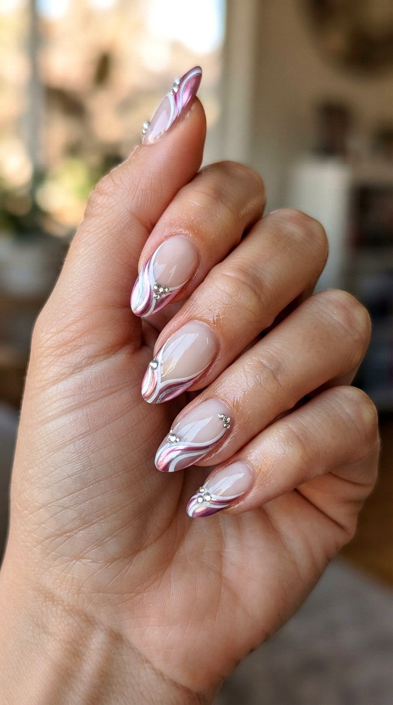 Pink Chrome French Swirls - 22 retro Y2K almond nail ideas