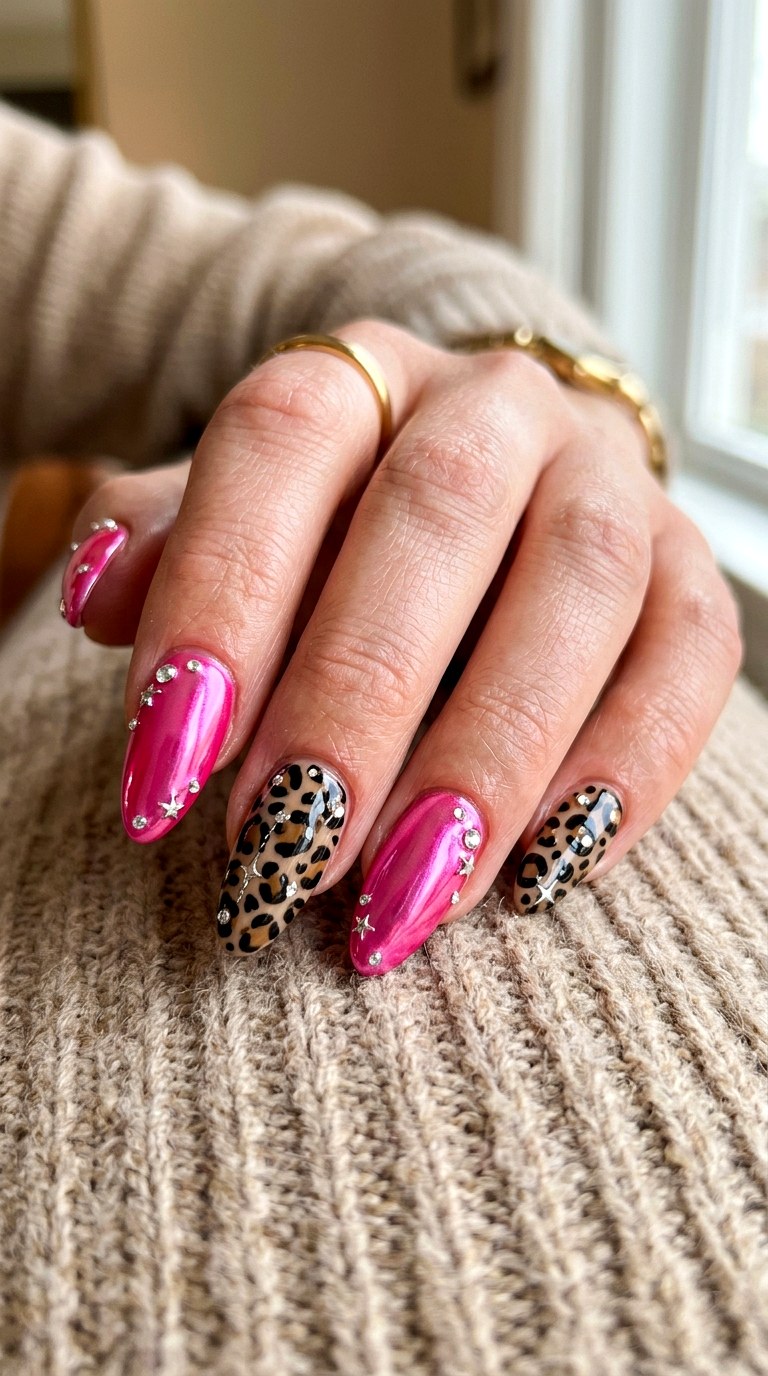 Pink Chrome Leopard Mix - 20 Mcbling Gothic leopard Y2K nail ideas