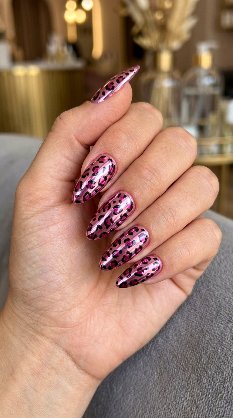 Pink Chrome Leopard Nails - 20 Pink leopard nail design ideas