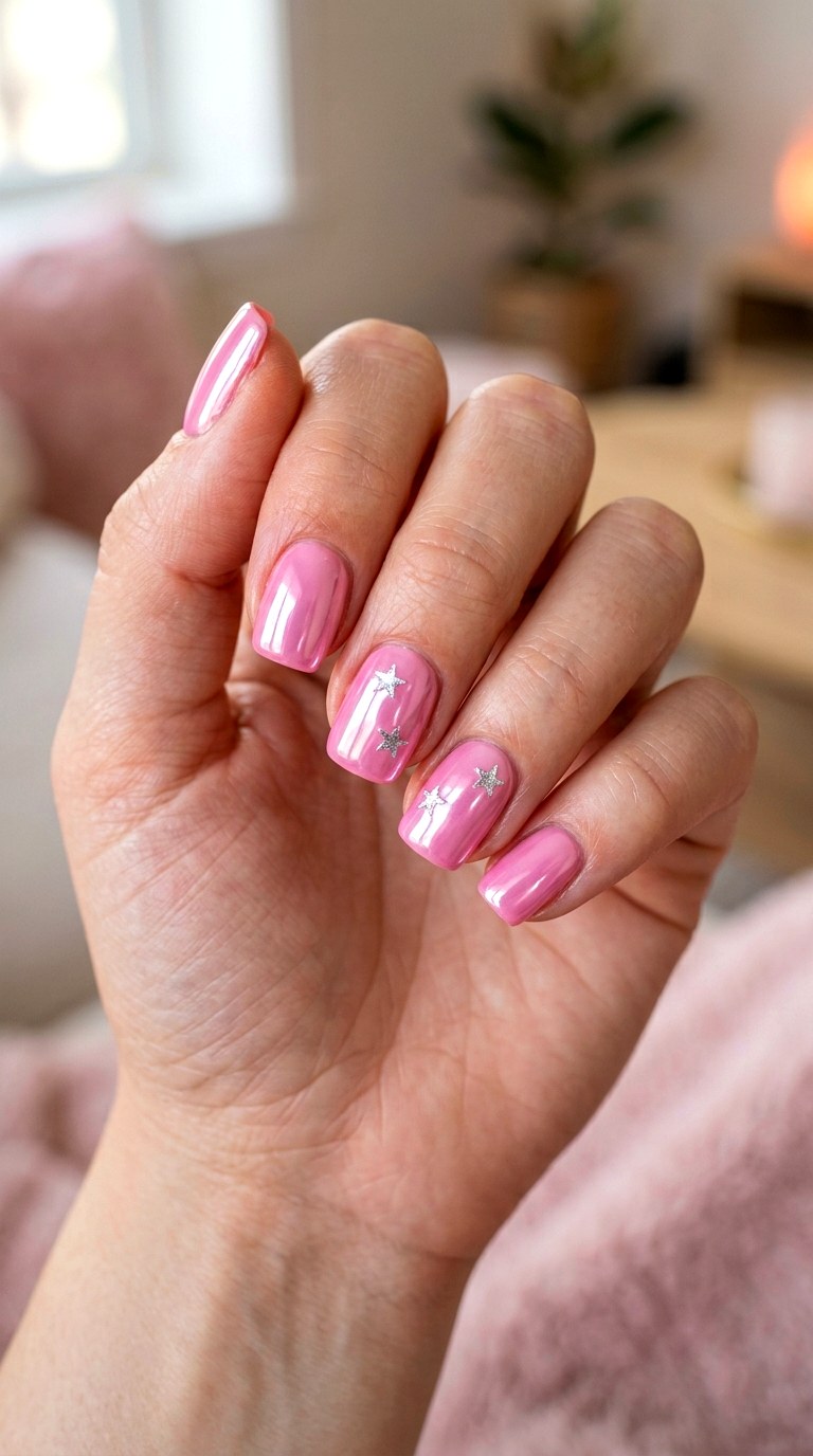 Pink Chrome Star Short Nails - 24 y2k star short nail ideas