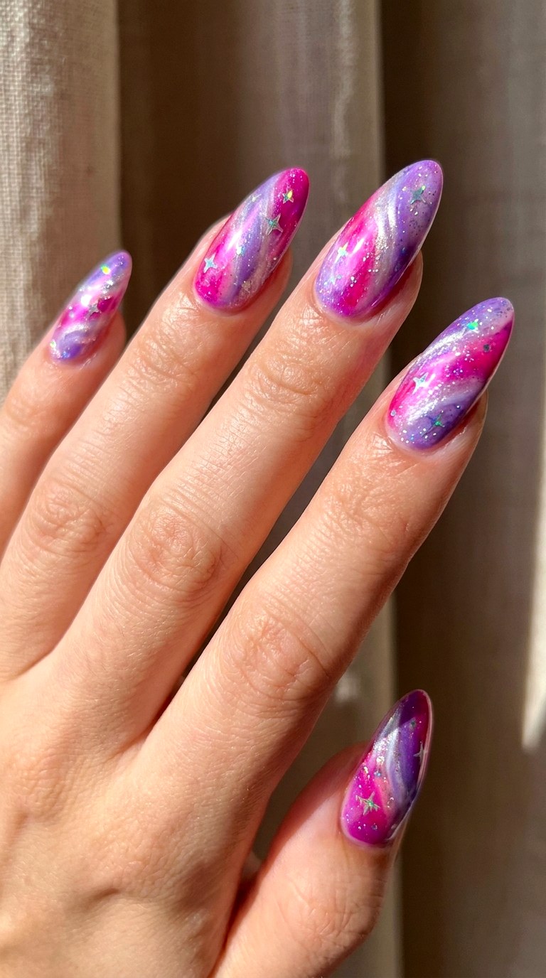 Pink Cosmic Swirl Nails - 25 magical starry swirl nail ideas