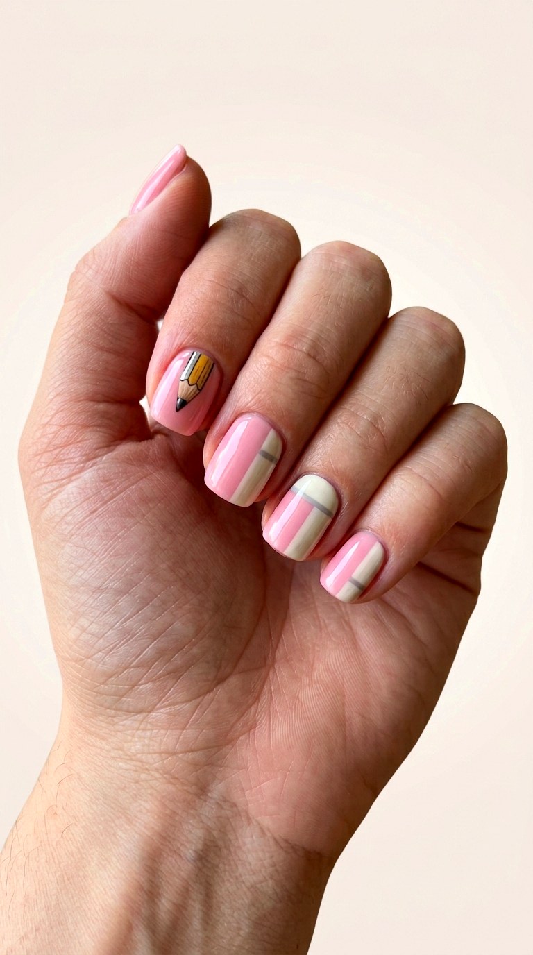 Pink Eraser Inspired Nails - 23 first day of school nail ideas