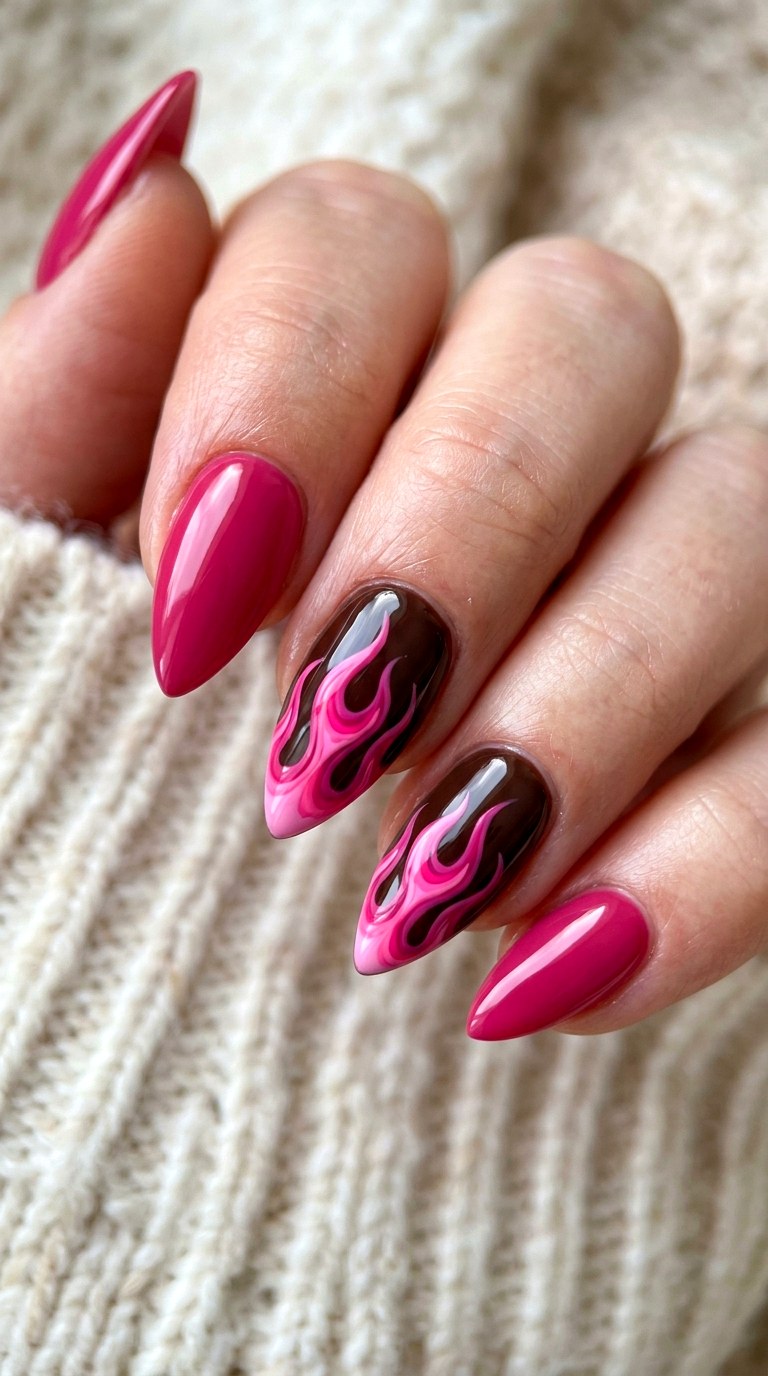 Pink Flame Nail Art - 22 short stilleto nail with pink and brown nail art inspiration ideas