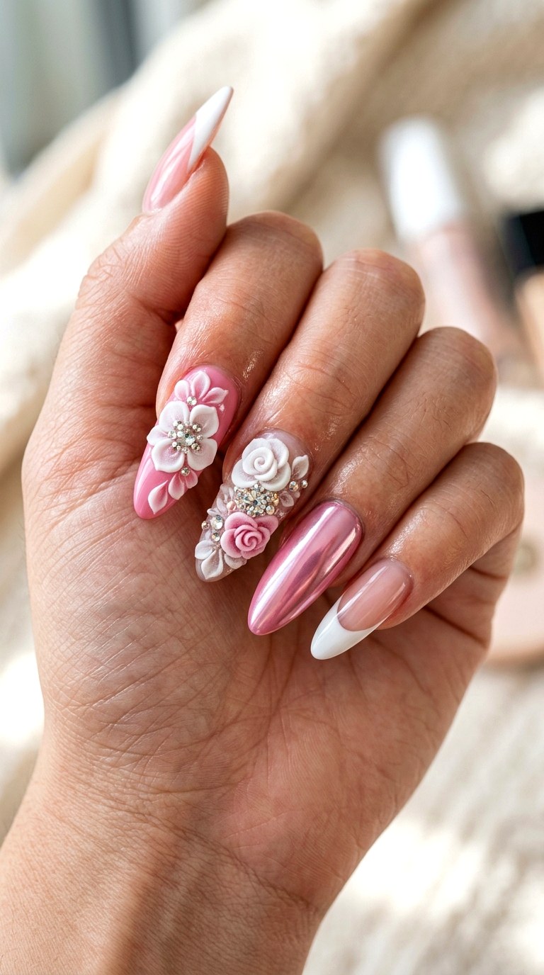 Pink Floral Crystal Glam - 23 girly acrylic nail ideas
