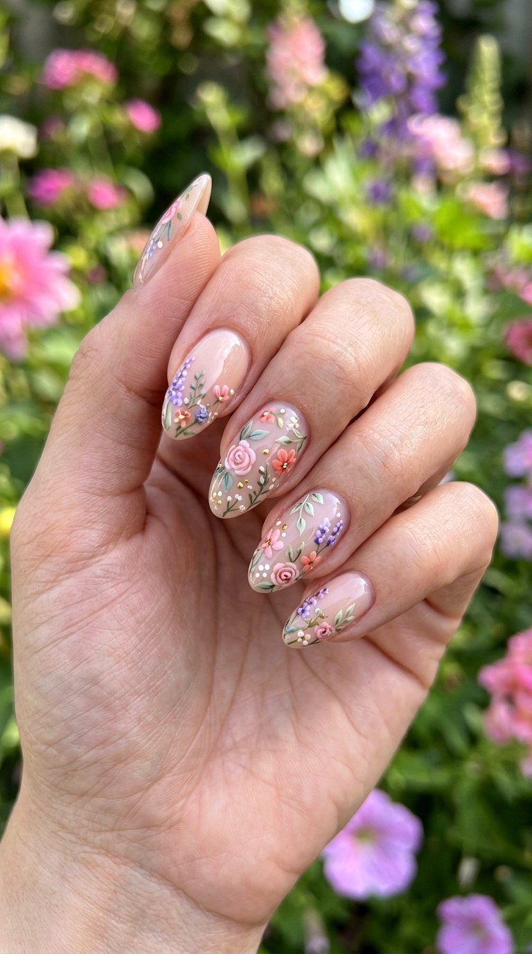 Pink Floral Garden Nails - 25 cute summer nail ideas