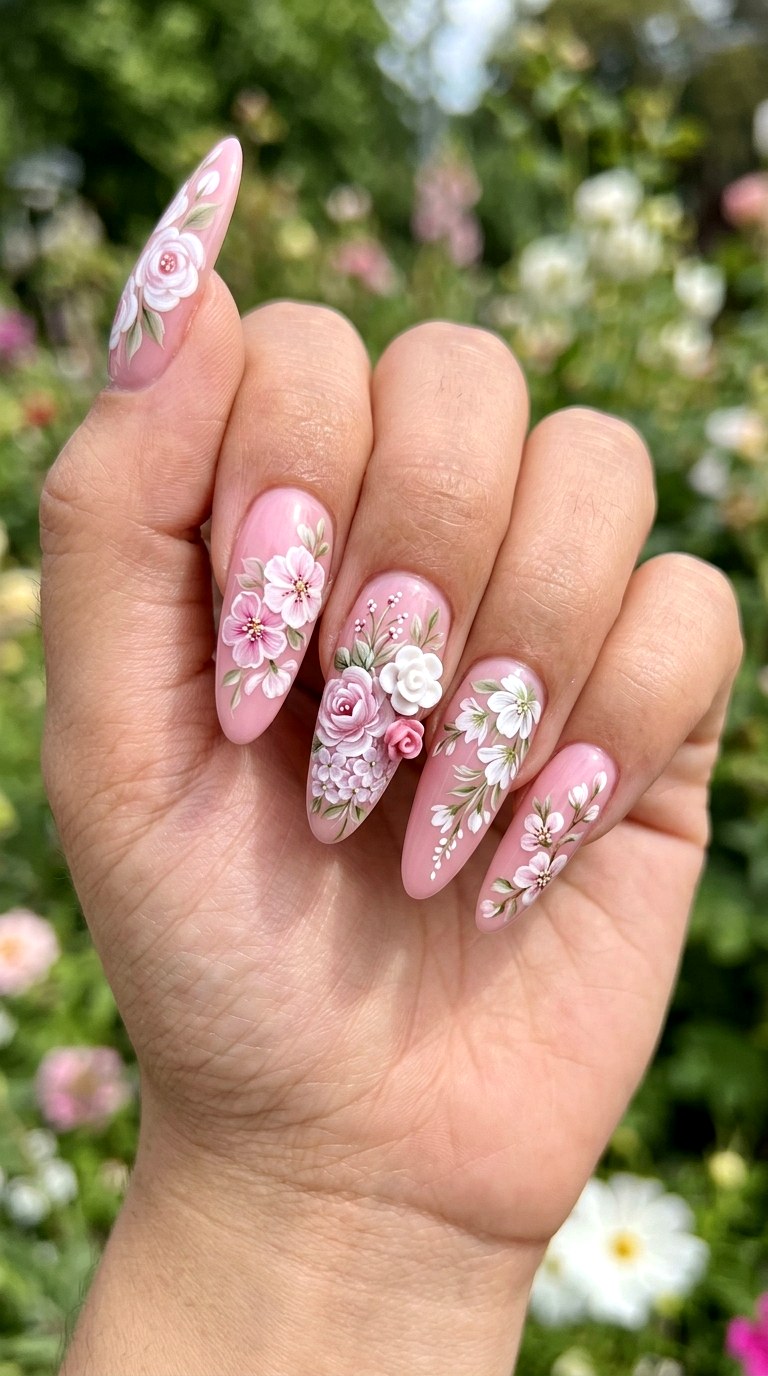 Pink Floral Garden Nails - 23 girly acrylic nail ideas