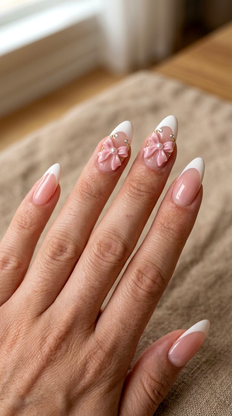 Pink French With Bows - 23 girly acrylic nail ideas