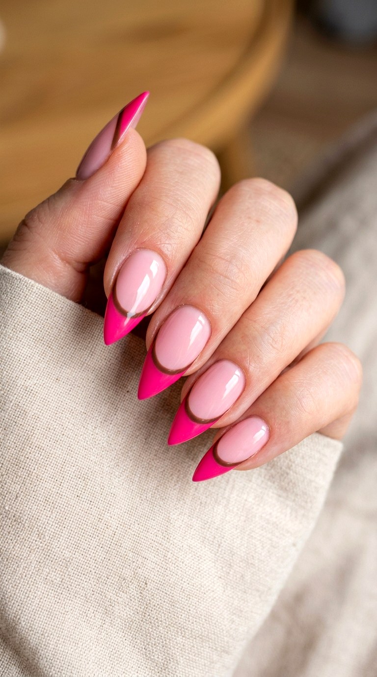 Pink French With Brown Outline - 22 short stilleto nail with pink and brown nail art inspiration ideas