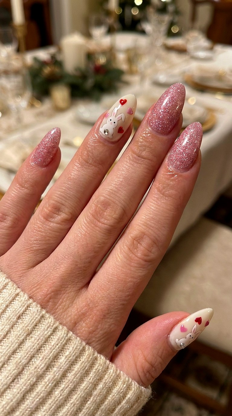 Pink Glitter Bunny Hearts - 25 sweet heart bunny nails idea