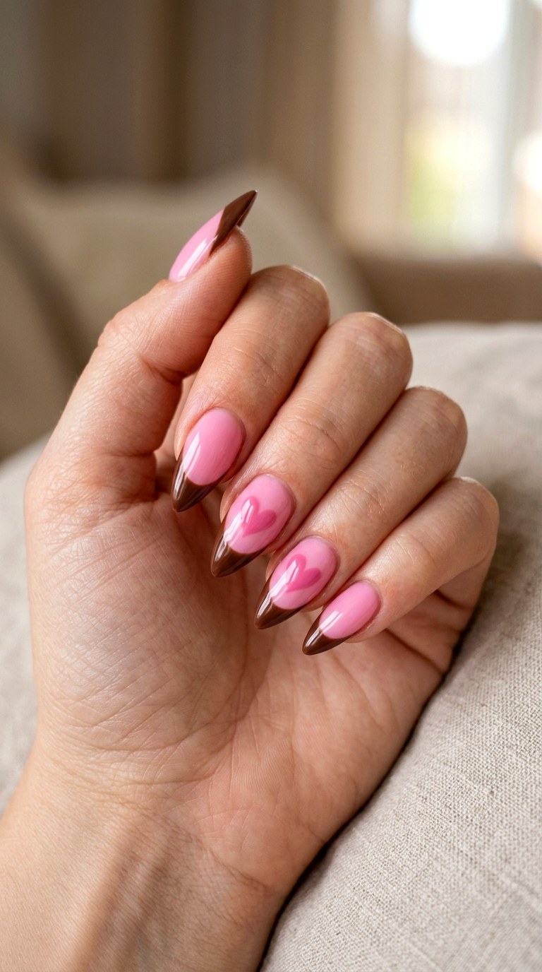 Pink Hearts And Brown Tips - 22 short stilleto nail with pink and brown nail art inspiration ideas
