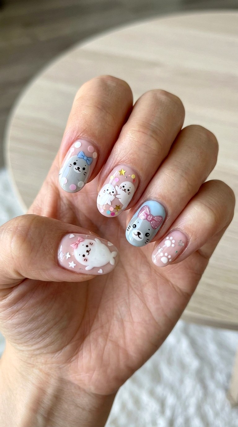 Pink Kawaii Seal Party Nails - 22 little seals cute kawaii nail ideas