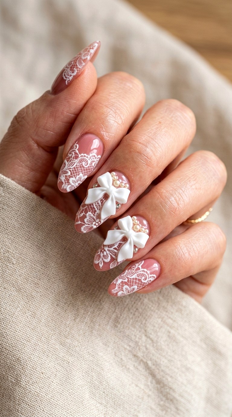Pink Lace Bow Nails - 21 coquelte lace nail ideas