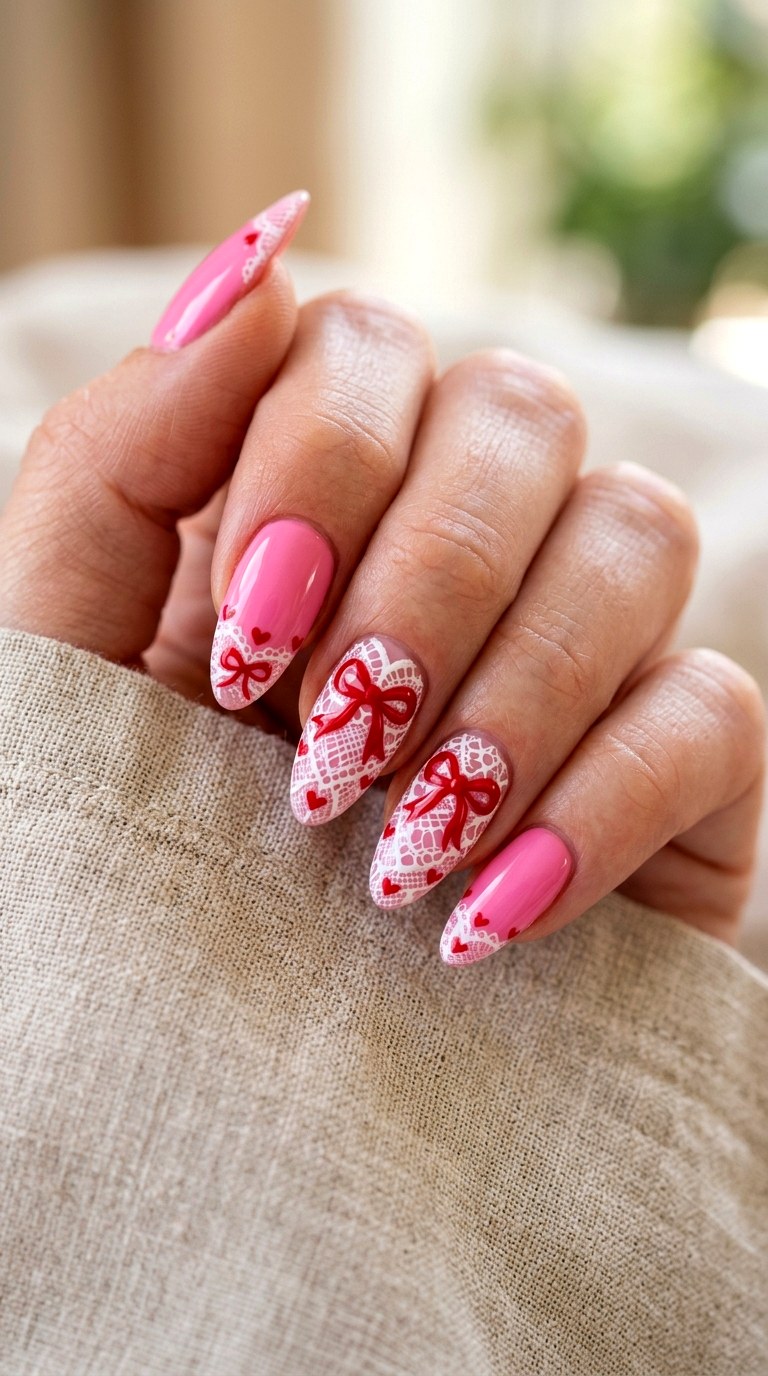 Pink Lace With Red Bows - 21 coquelte lace nail ideas