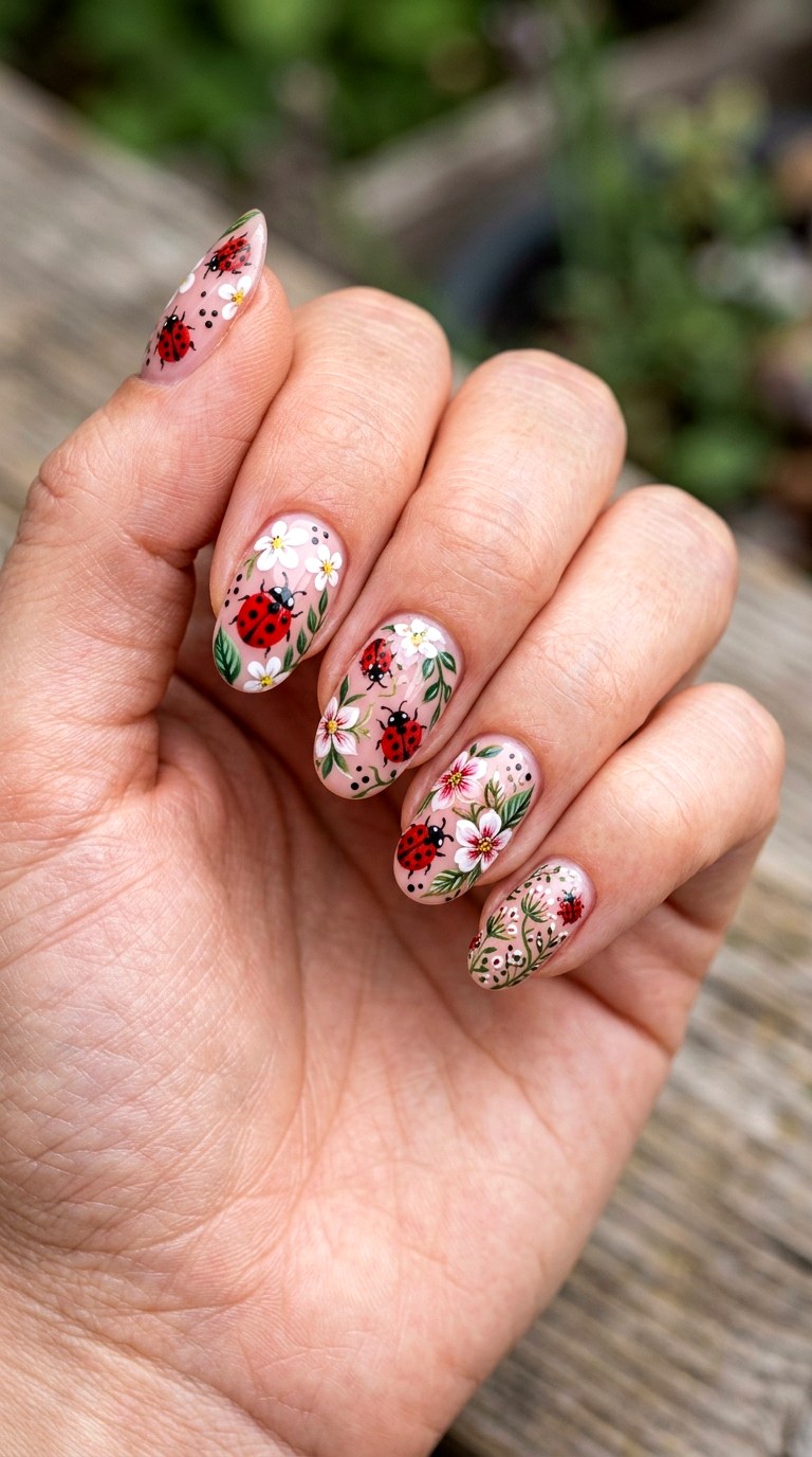 Pink Ladybug no garden Nails - 22 Trendy ladybug nail ideas
