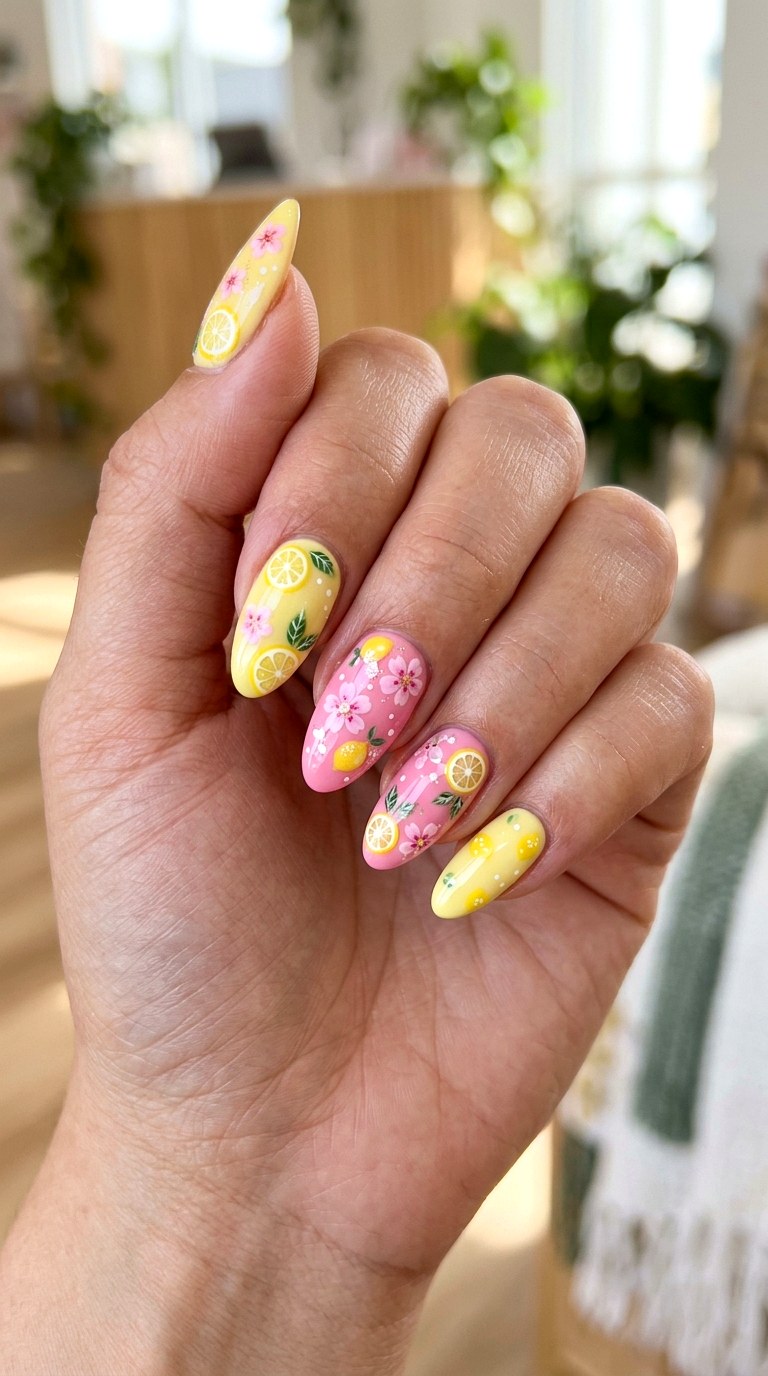 Pink Lemon Kawaii Nails - 23 yellow pink kawaii nail design ideas