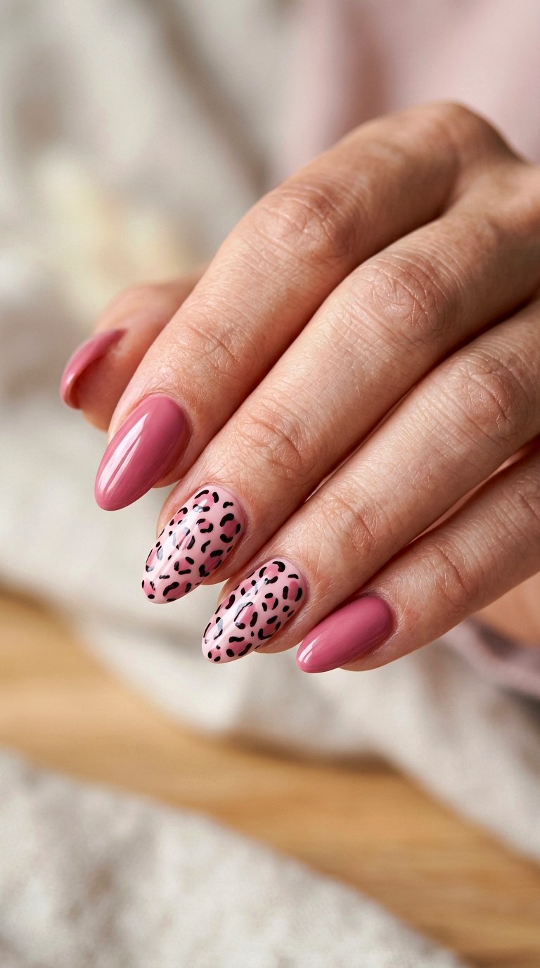 Pink Leopard Accent Nails - 20 Pink leopard nail design ideas