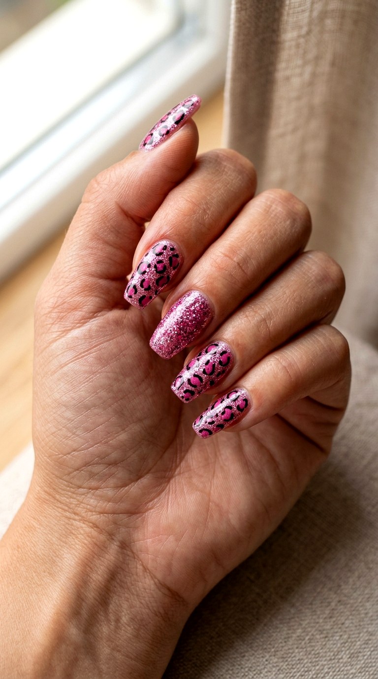 Pink Leopard Glitter Nails - 20 Pink leopard nail design ideas