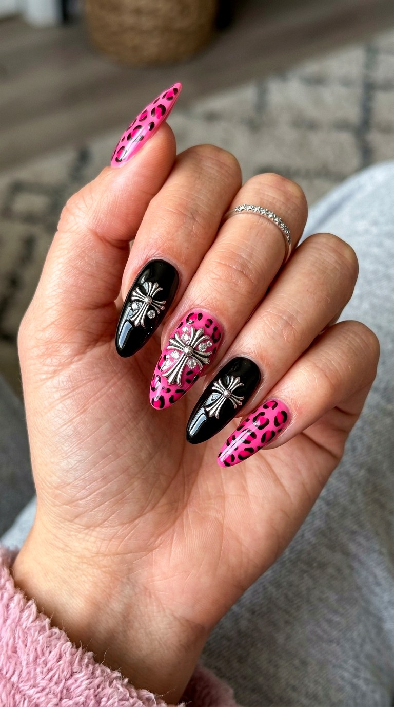 Pink Leopard Gothic Crosses - 20 Mcbling Gothic leopard Y2K nail ideas