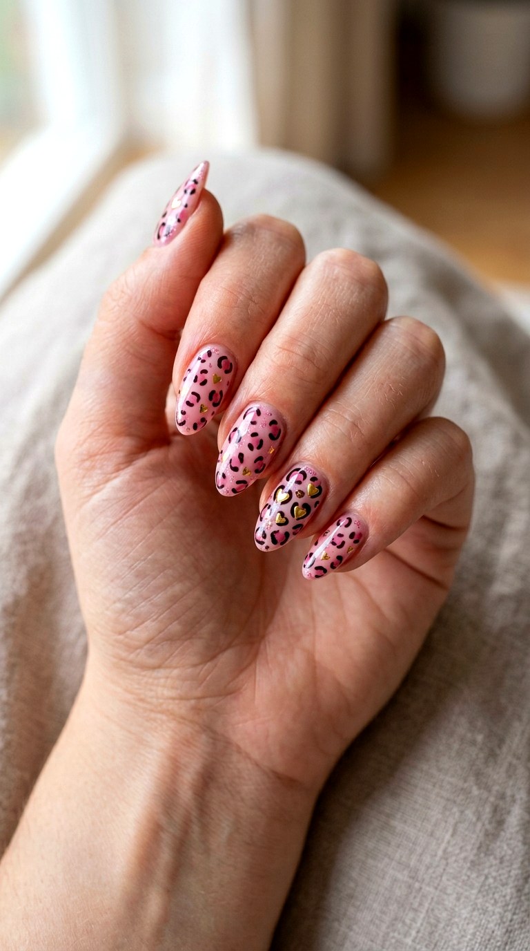 Pink Leopard Heart Details - 20 Pink leopard nail design ideas