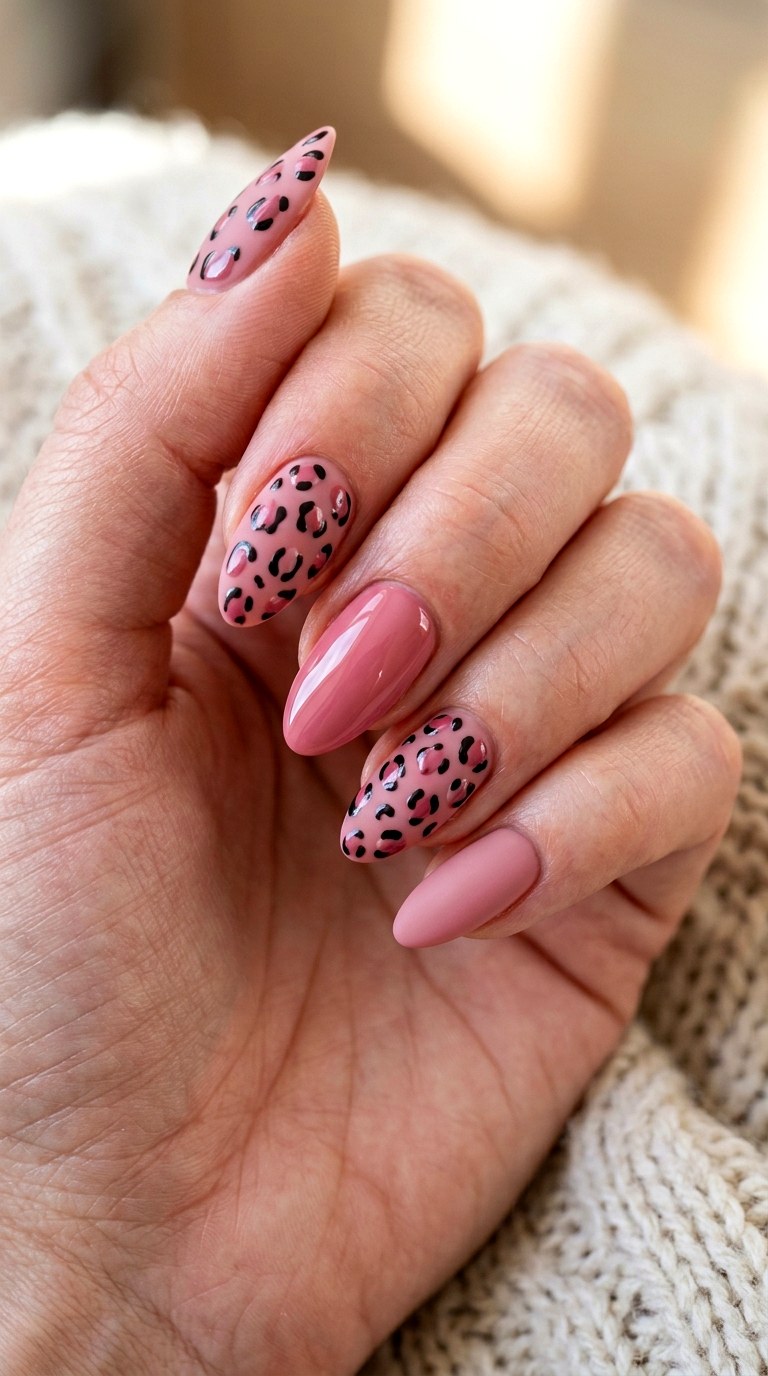 Pink Leopard Mixed Finish - 20 Pink leopard nail design ideas