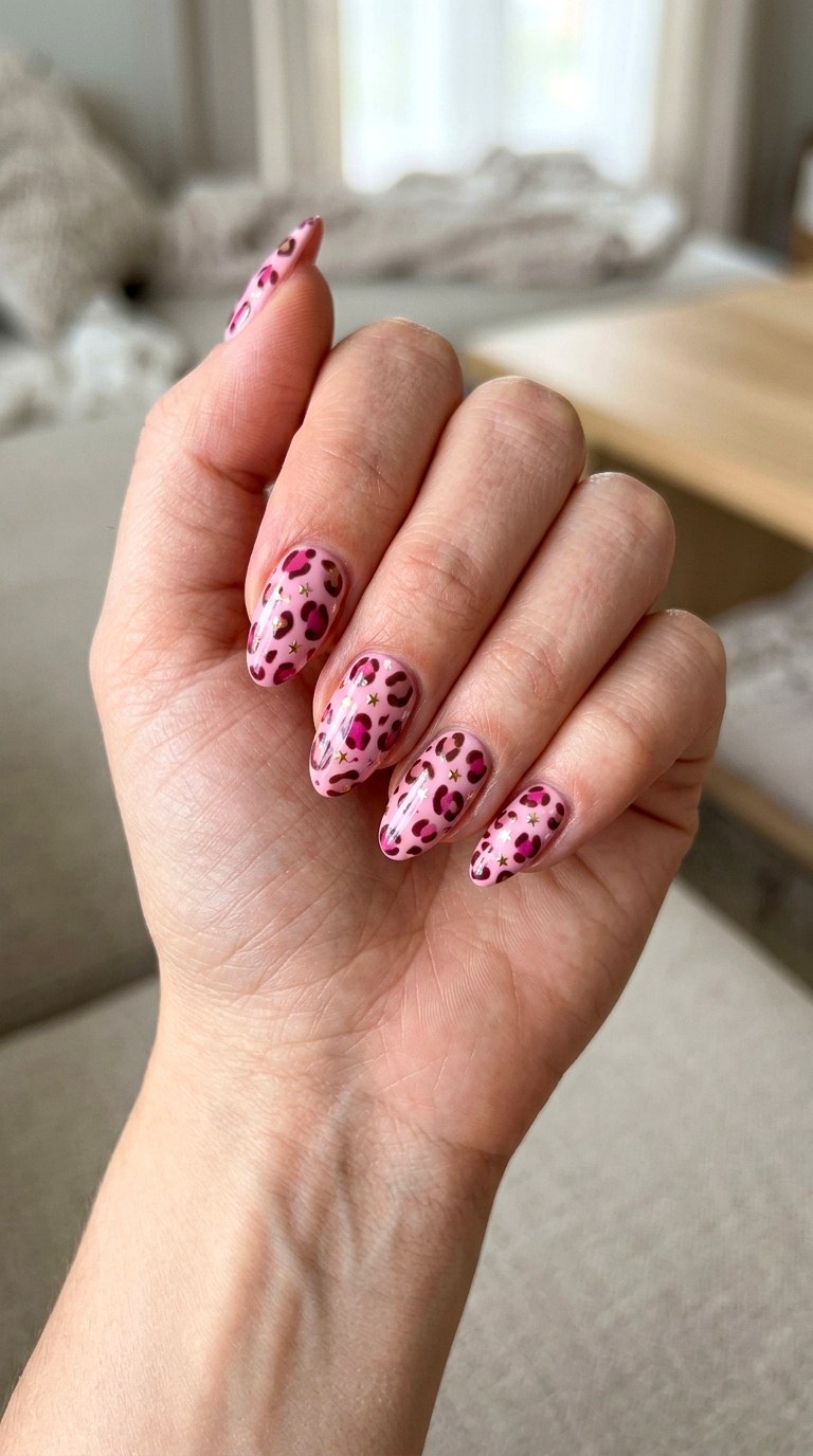 Pink Leopard Star Accents - 20 Pink leopard nail design ideas