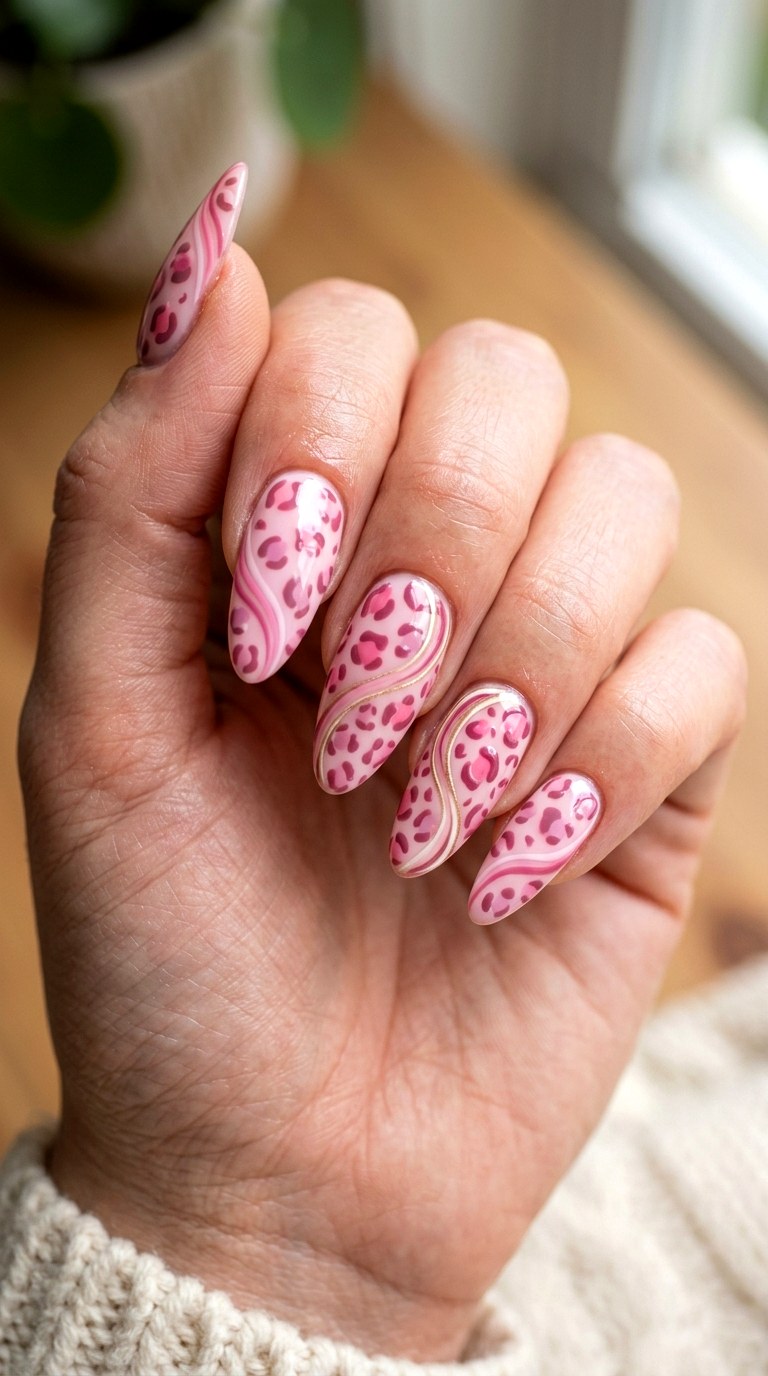 Pink Leopard Swirl Details - 20 Pink leopard nail design ideas