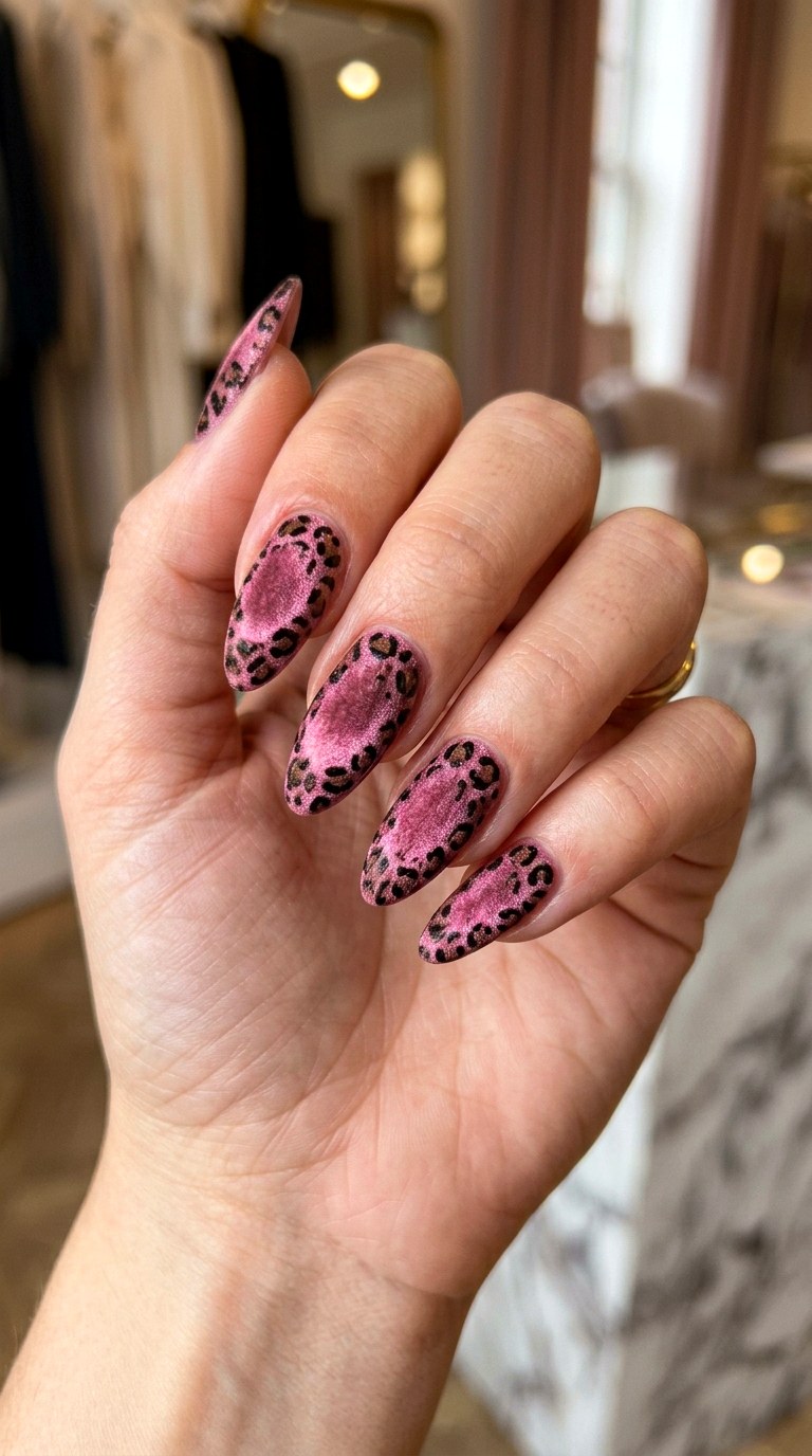 Pink Leopard Velvet Finish - 20 Pink leopard nail design ideas
