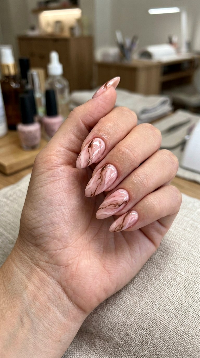 Pink Marble With Brown Veins - 22 short stilleto nail with pink and brown nail art inspiration ideas