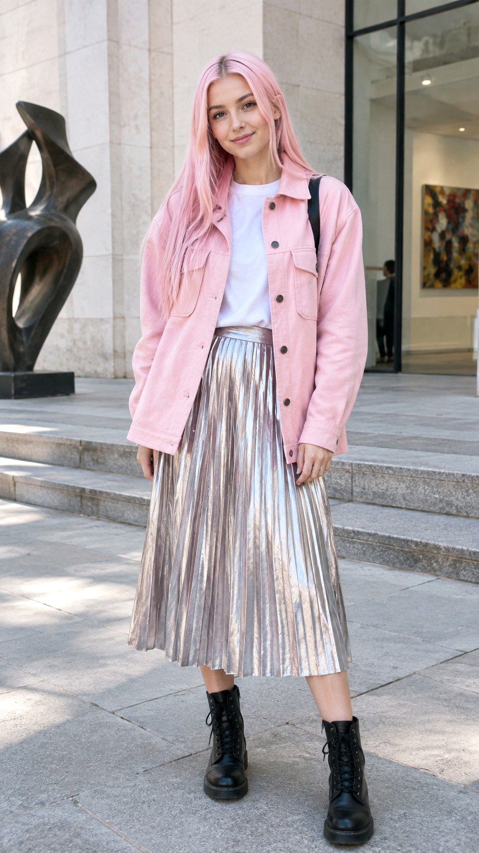 Pink Overshirt with Pleated Skirt - 21 shacket jacket outfit ideas