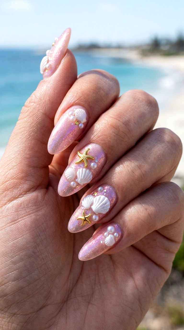 Pink Pearl Mermaid Shell Nails - 23 Iridescent Pearl and gold starfish shell nail shimmer design ideas