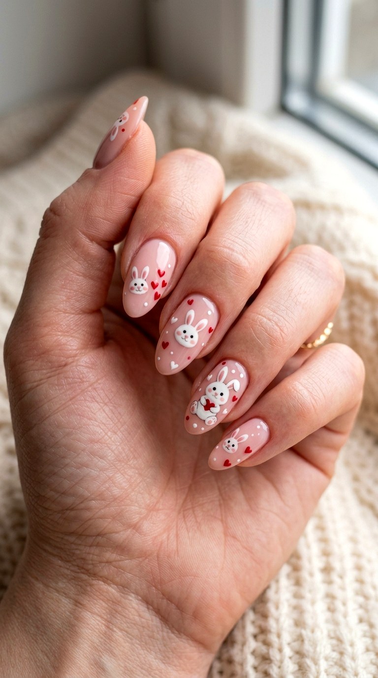 Pink Sweetheart Bunny Nails - 25 sweet heart bunny nails idea