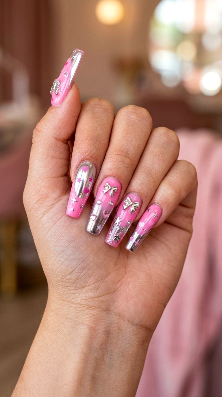 Pink YK Charm Acrylics - 23 girly acrylic nail ideas